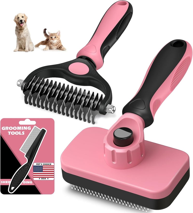 Augwind 3PCS Self Cleaning Slicker Brush & Pet Grooming Rake & Flea Comb for Dogs,Cats and Horses | Double-Sided Dematting Comb & Skin Friendly Deshedding Grooming Tool | Pet Supplies (Light Pink Black) - Image 1